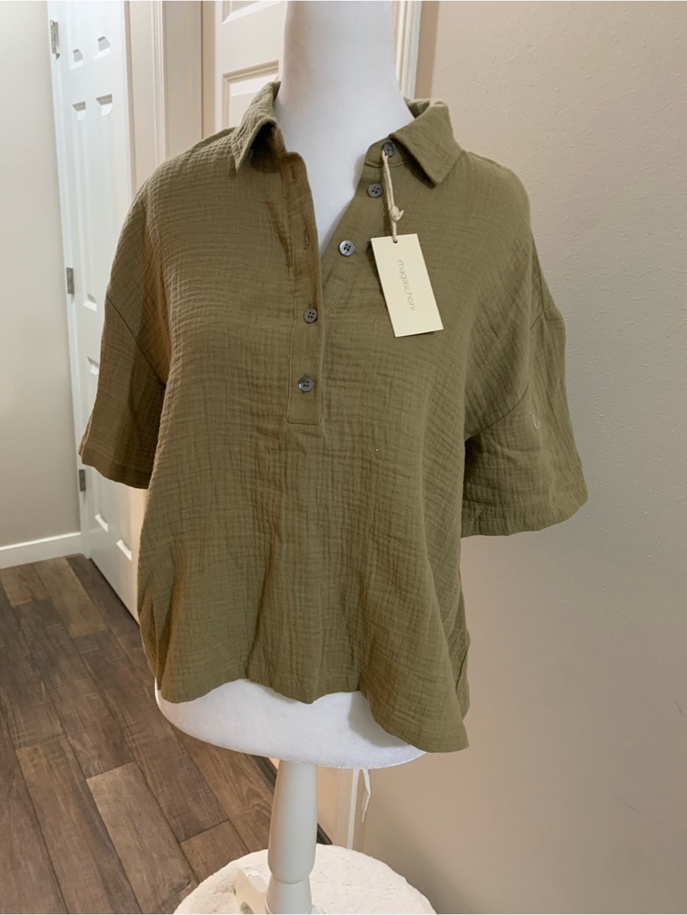 Magaschoni Olive Green Cotton Gauze Button-Down Polo